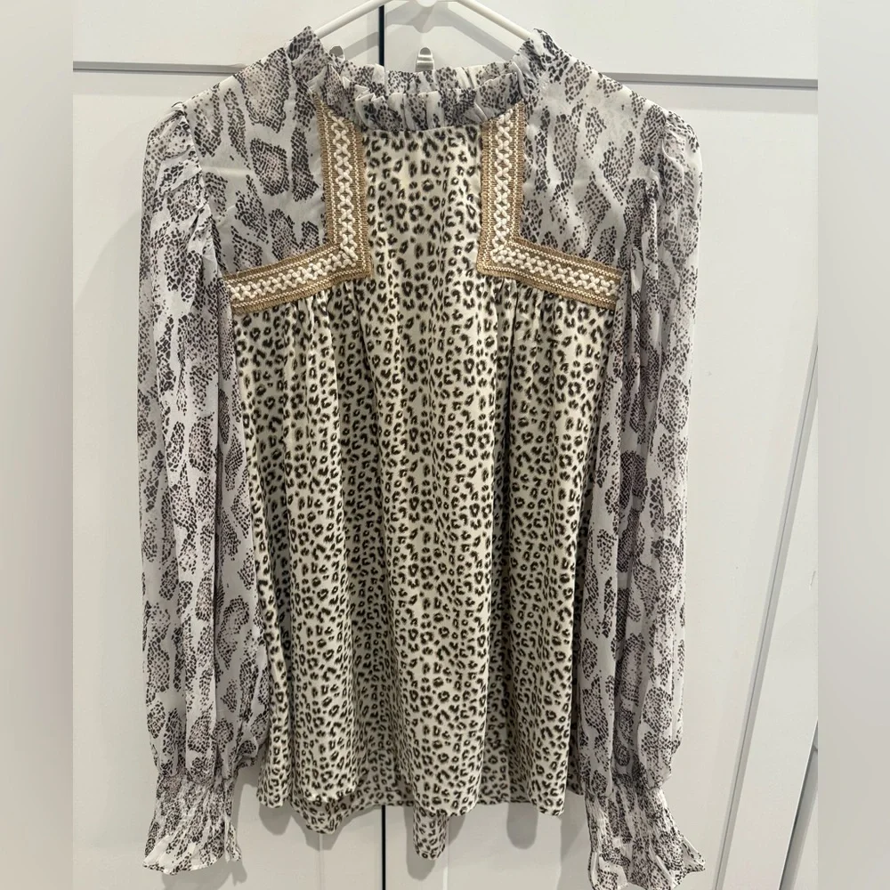 JODIFL Leopard Print Blouse with Sheer Patterned Sleeves - Picture 1 of 4